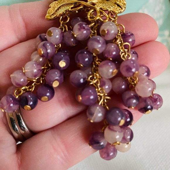VTG Gold Leaf & Grape Amethyst Purple Beaded Dangle Drop Large 3” Earrings - Picture 4 of 6